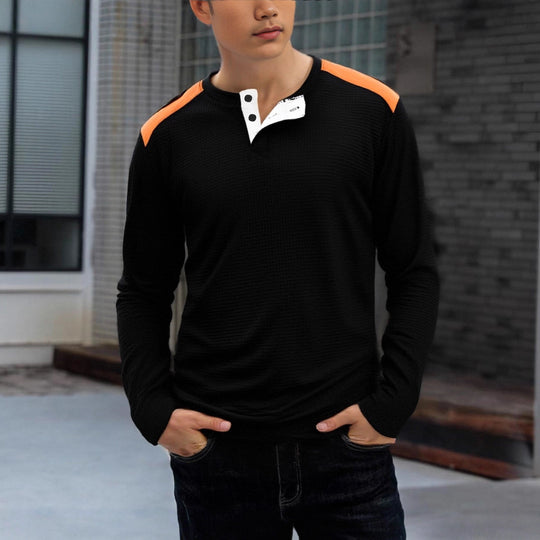 Herren strukturiertes Henley-Langarmshirt mit Stehkragen, Schulterpaspel und Waffelstruktur Shop Nory
