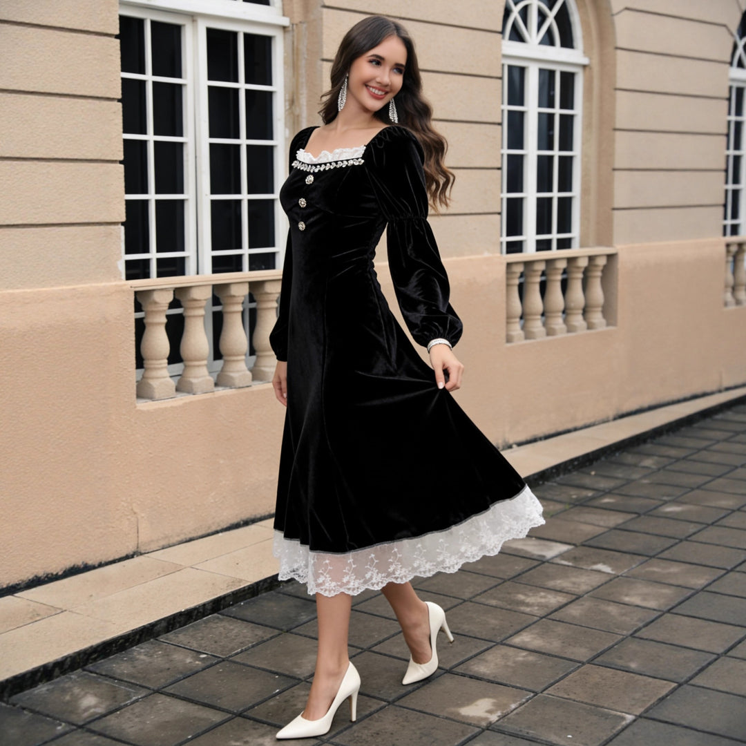 Damen Samt‑Midikleid mit quadratischem Ausschnitt, Puffärmeln und Spitzenuntertritt Shop Nory