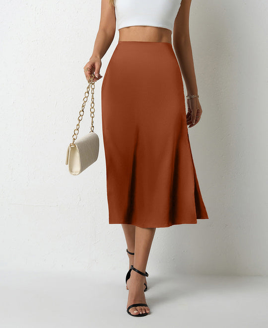 Damen eleganter Satin-Midirock mit fließendem Schnitt und hohem Bund
