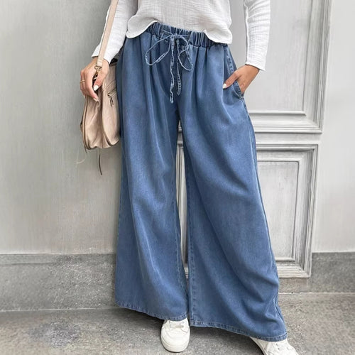Damen Relaxte Palazzohose aus Denim mit Tunnelzugbund, Eingrifftaschen und extra weitem Bein Shop Nory