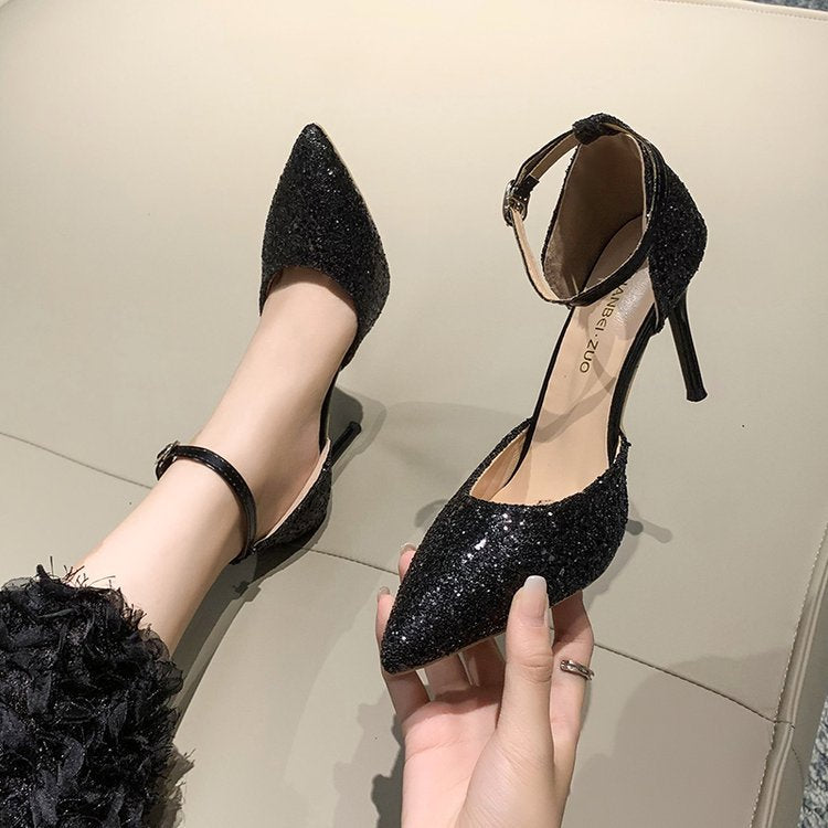 Damen elegante Spitzen High Heels mit transparentem Riemen