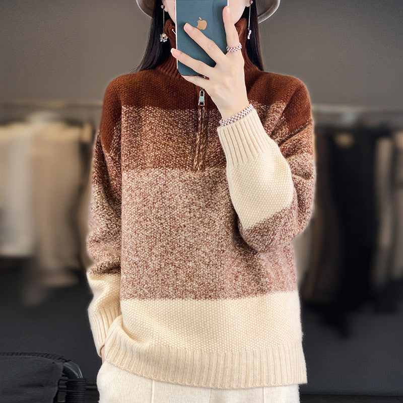 Damen Oversize-Strickpullover mit halbem Zip, meliertem Blockstreifen und weichem Flor Shop Nory