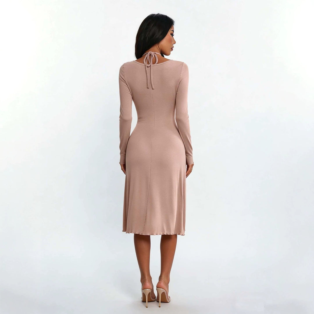 Damen gerafftes A-Linien Midikleid mit gekreuzten Trägern, figurformender Brustpartie und langen Ärmeln Shop Nory