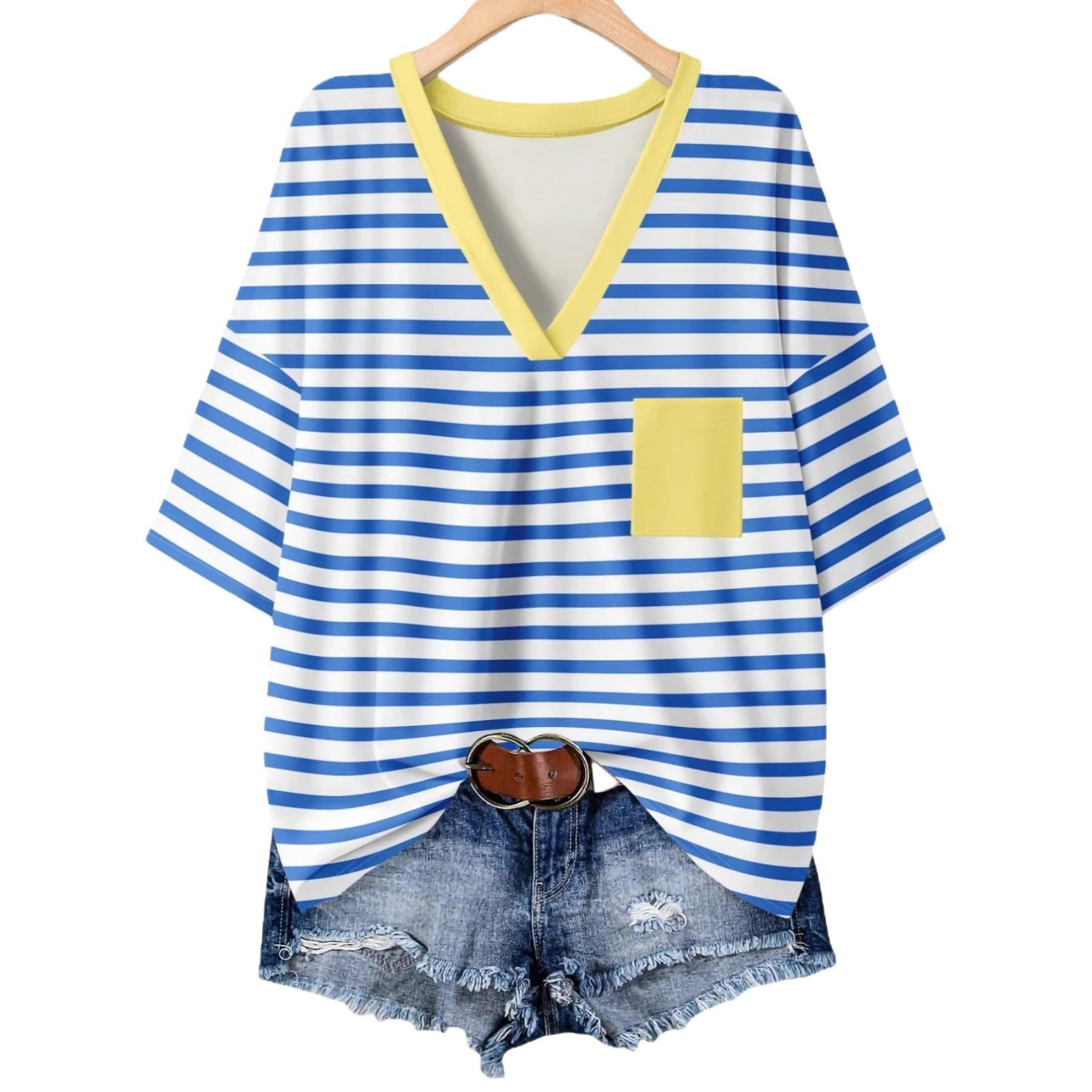 Damen lässiges V-Neck T-Shirt mit Streifen-Design