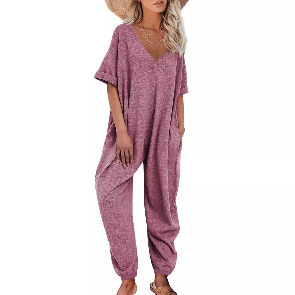 Damen Oversized Jumpsuit mit tiefem V-Ausschnitt und lässigen Taschen