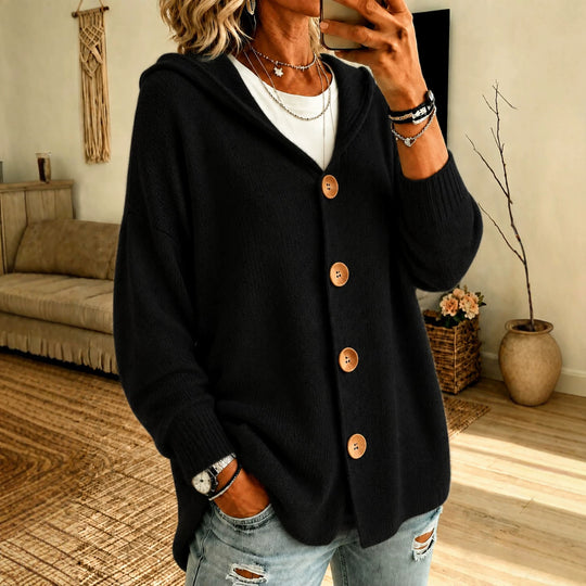 Damen Kapuzen-Cardigan Oversize mit Holzknöpfen und Rippbündchen Shop Nory