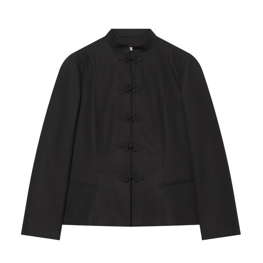 Damen Taillierter Kurzblazer mit Mandarin-Stehkragen und dekorativen Froschverschlüssen Shop Nory