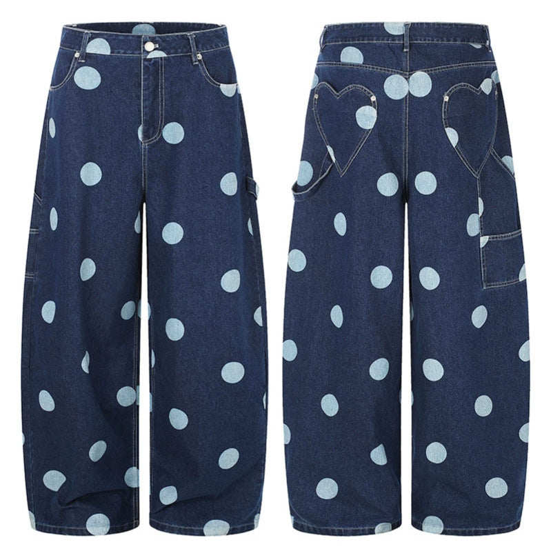 Damen Hochtaillierte weite Jeans‑Culotte mit Polka‑Dot‑Print und Utility‑Details Shop Nory
