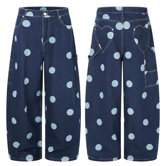 Damen Hochtaillierte weite Jeans‑Culotte mit Polka‑Dot‑Print und Utility‑Details Shop Nory