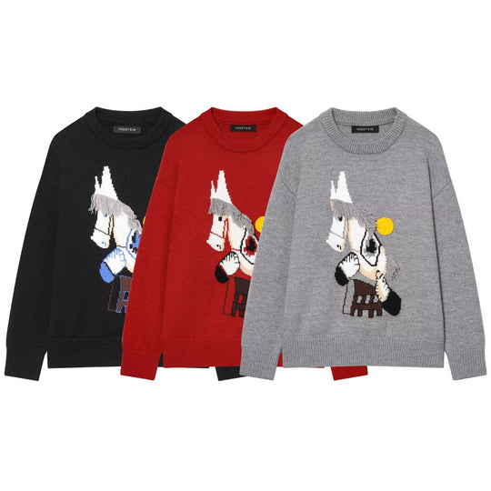 Damen Strickpullover mit Pferde-Motiv und Fransenapplikation, Oversize-Rundhals Shop Nory