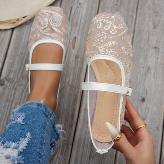 Damen elegante Ballerinas mit floralen Applikationen und rutschfester Sohle