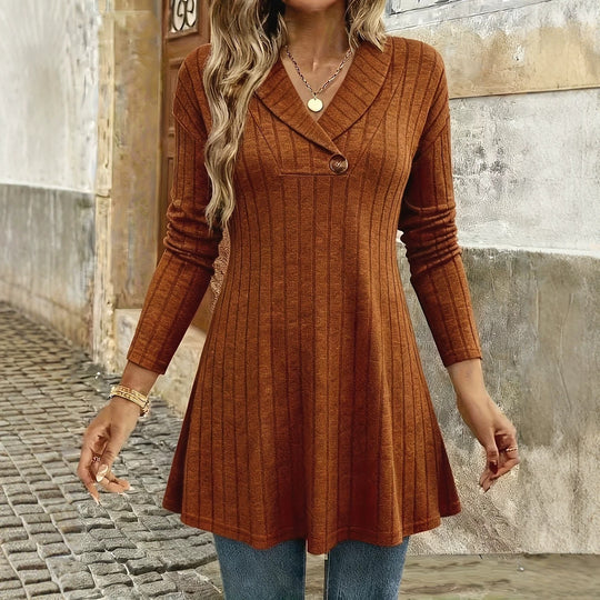 Damen Gestricktes A‑Linien‑Tunika‑Kleid mit Schalkragen und Zierknopf Shop Nory