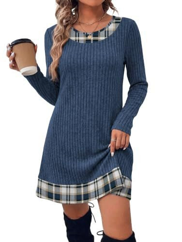 Damen Gerippte Longshirt‑Kleid mit Karierter Saum‑ und Ausschnittblende Shop Nory