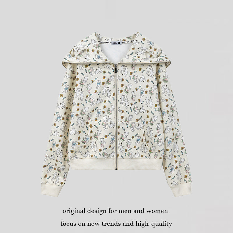 Damen Kapuzen-Sweatjacke mit Reißverschluss und niedlichem Allover-Print Shop Nory