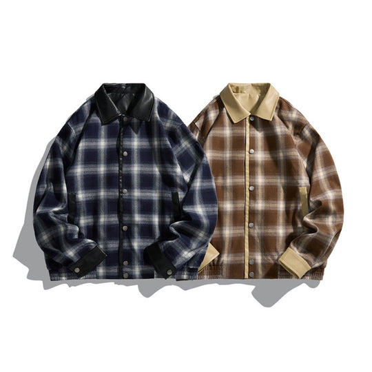 Herren Kastenförmige karierte Hemdjacke mit Kunstlederkragen, Druckknopfverschluss und Lederbesätzen Shop Nory