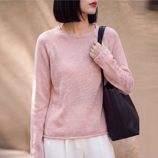 Damen leichter Feinstrickpullover mit dezenter Glitzeroptik und Raglanärmeln Shop Nory