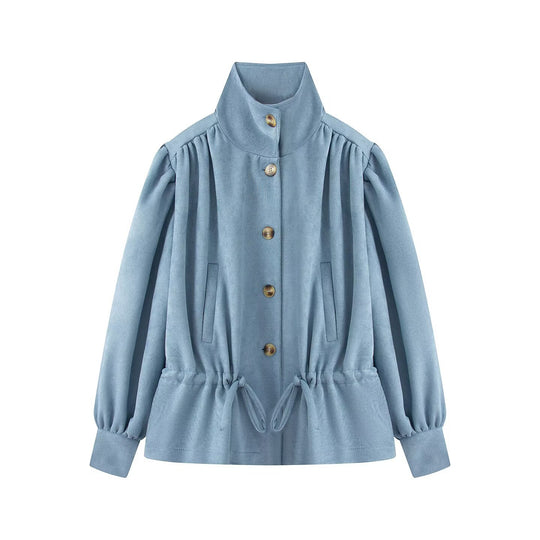 Damen Kurzjacke im Velours‑Suede‑Look mit Stehkragen, Tunnelzug und Ballonärmeln Shop Nory