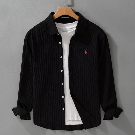 Herren Leichtes Baumwoll-Langarmhemd im Layering‑Stil mit feiner Crinkle‑Struktur und Kentkragen Shop Nory