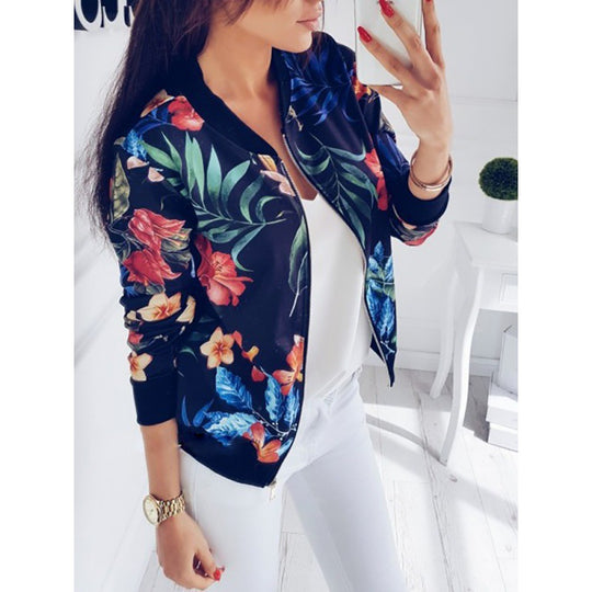 Damen Leichte Bomberjacke mit floralem Allover‑Print, Reißverschluss und Rippbündchen Shop Nory