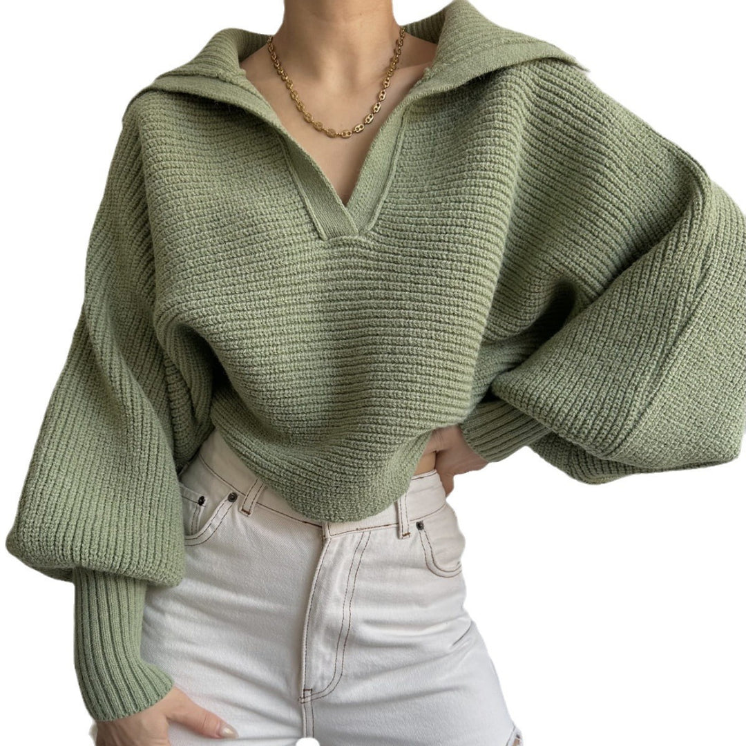 Damen kurzes geripptes Strickpullover mit weitem Matrosenkragen und Ballonärmeln Shop Nory