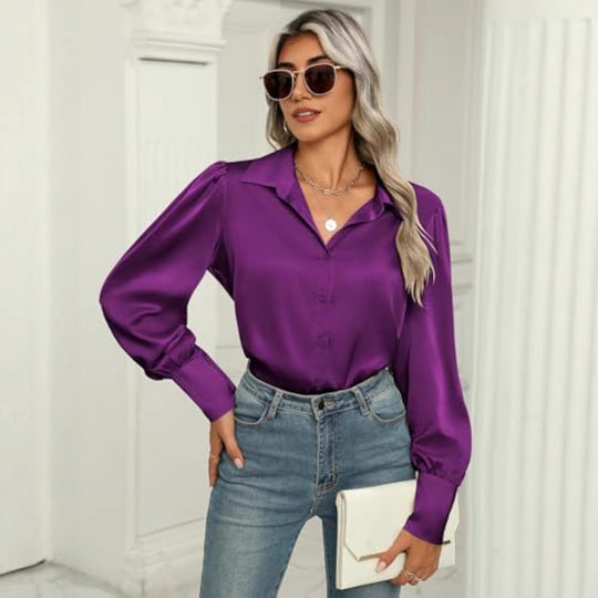 Damen Seidenoptik-Bluse mit Hemdkragen, verdeckter Knopfleiste und langen Manschetten Shop Nory