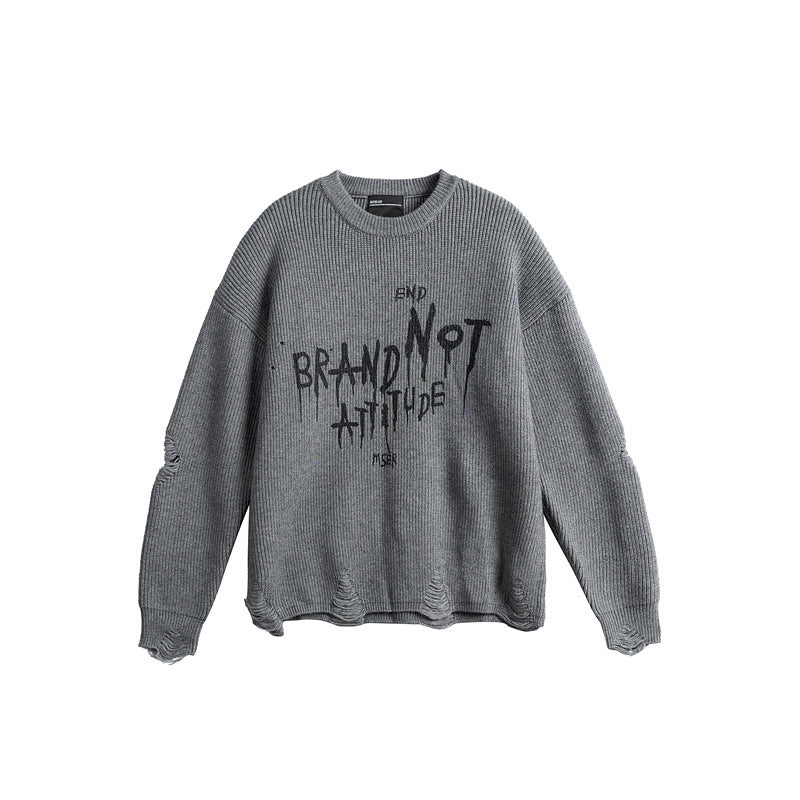 Unisex Oversize Strickpullover mit Destroyed Details und Statement Print Shop Nory