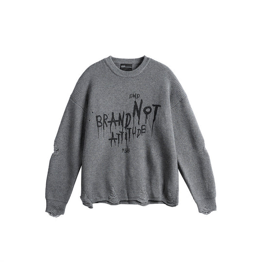 Unisex Oversize Strickpullover mit Destroyed Details und Statement Print Shop Nory