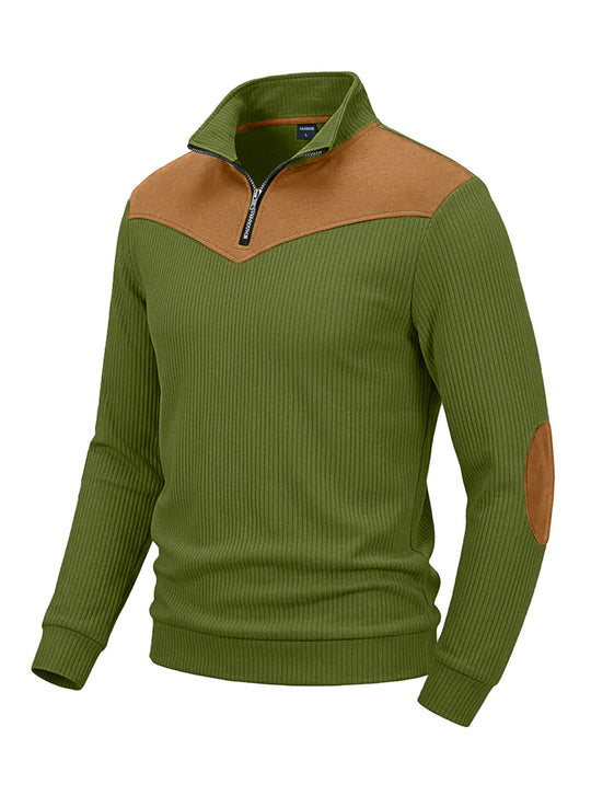 Herren Strickpullover mit Troyerkragen, Rippenstruktur und Ellbogen-Patches Shop Nory