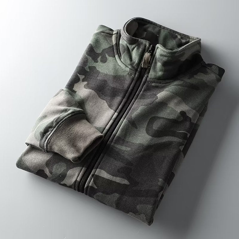 Herren Camouflage Baumwoll‑Fleece‑Zipjacke mit Stehkragen und Rippbündchen Shop Nory