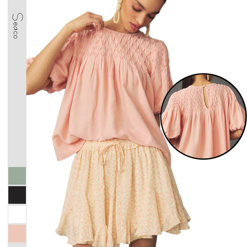 Damen Leichte Bluse mit Smock-Oberteil und Ballonärmeln Shop Nory