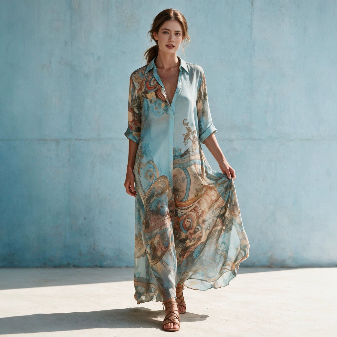 Damen Hemdblusenkleid Maxikleid in fließender Seidenoptik mit kunstvollem Allover-Print und 3/4-Ärmeln Shop Nory