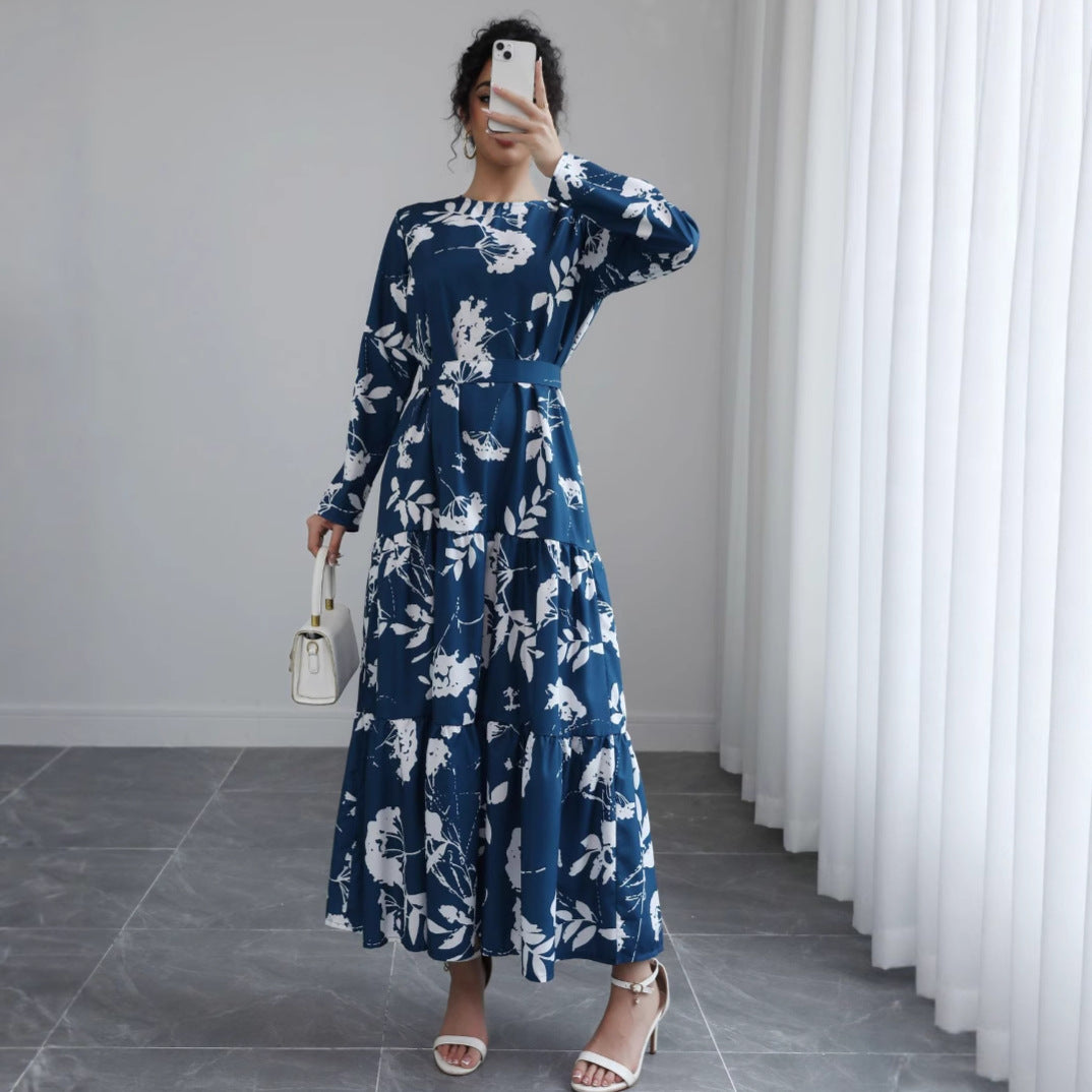 Damen Langes Blumen-Tiered-Maxikleid mit Taillengürtel & Rundhalsausschnitt Shop Nory