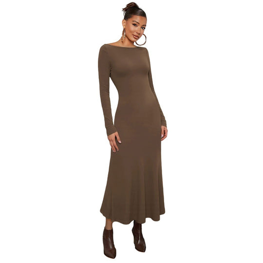 Damen figurbetontes Maxikleid mit U-Boot-Ausschnitt langem Ärmel und schmeichelndem Trompetensaum Shop Nory
