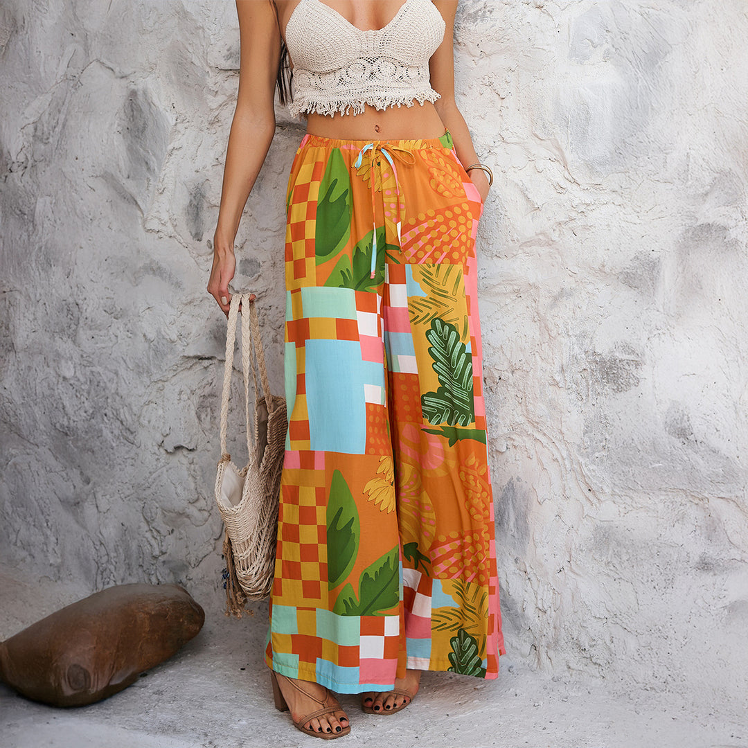 Damen nan weite Palazzo-Hose mit Kordelbund, Eingrifftaschen und mediterranem Kachelprint Shop Nory
