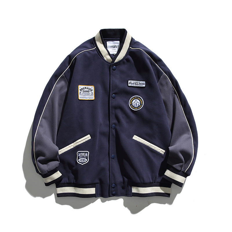 Unisex Boxy College-Bomberjacke mit Badge-Applikationen und kontrastierenden Rippabschlüssen Shop Nory