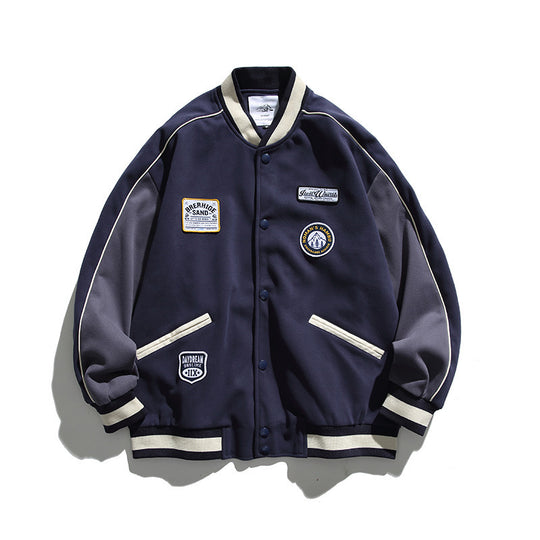 Unisex Boxy College-Bomberjacke mit Badge-Applikationen und kontrastierenden Rippabschlüssen Shop Nory