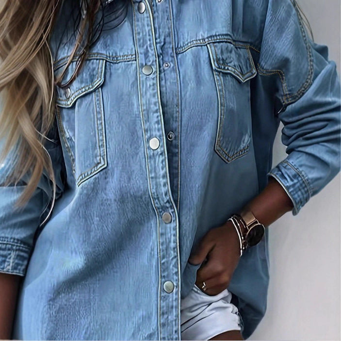 Damen Oversize-Denim-Hemdjacke mit Fransen-Saum, Brusttaschen und Destroyed-Detail Shop Nory