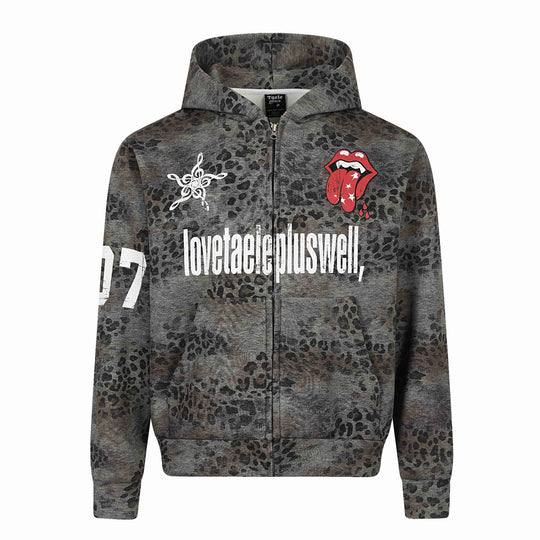 Damen Kapuzenjacke mit durchgehendem Reißverschluss, Leoparden-Print und großflächigen Grafik-Prints Shop Nory