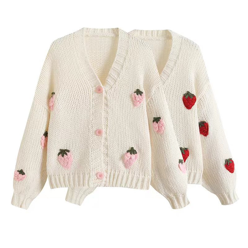 Damen Kurzcardigan mit Erdbeer-Applikationen und grobem Strick Shop Nory