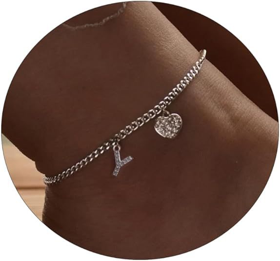 Damen Fußkettchen mit personalisiertem Buchstaben und funkelndem Herzanhänger Shop Nory