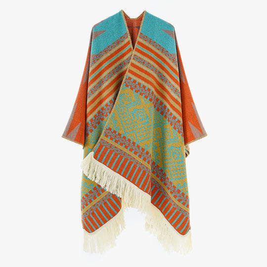 Damen Gewebter Jacquard-Poncho mit V-Ausschnitt, Ethno‑Print und Fransen Shop Nory