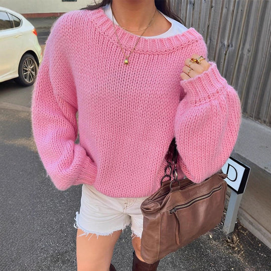Damen Oversize Grobstrick-Pullover mit Ballonärmeln und breitem Rippenkragen Shop Nory