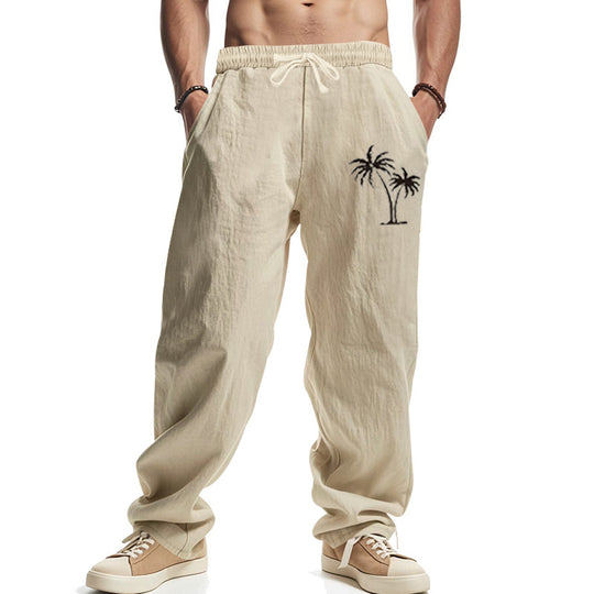 Herren Leichte Leinenoptik-Freizeithose mit elastischem Bund, Kordelzug & Palmen‑Stickerei Shop Nory