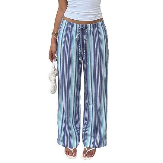 Damen leichte gestreifte Leinen-Blend Loungehose mit weitem Bein und Kordelzug Shop Nory