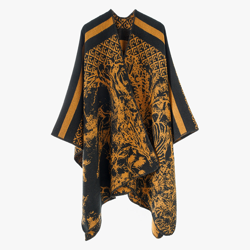 Damen Jacquard-Strickcape mit Stehkragen und grafischem Waldmotiv Shop Nory