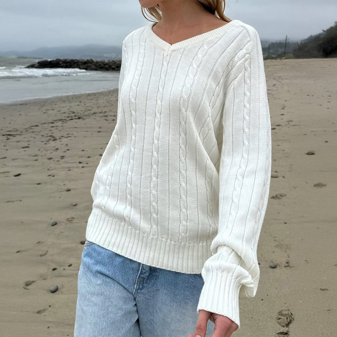 Damen nan feiner Strukturstrick-Pullover mit V‑Neck, Zopfmuster und geripptem Saum Shop Nory
