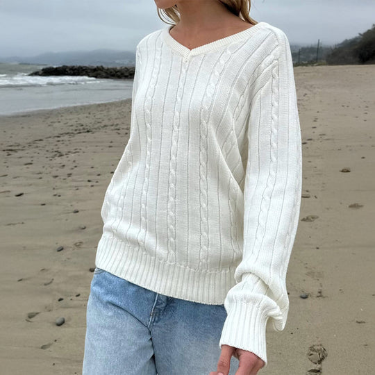 Damen nan feiner Strukturstrick-Pullover mit V‑Neck, Zopfmuster und geripptem Saum Shop Nory