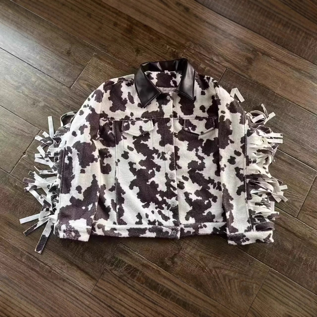 Damen Teddy-Truckerjacke mit Kuhfleckenmuster und Kunstlederkragen Shop Nory