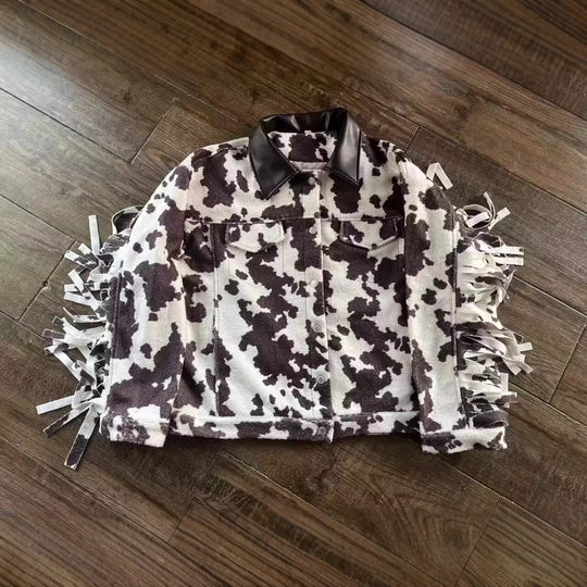 Damen Teddy-Truckerjacke mit Kuhfleckenmuster und Kunstlederkragen Shop Nory