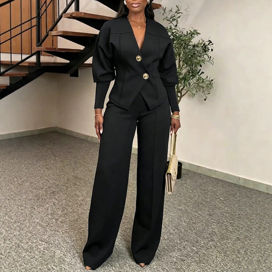 Damen Zweiteiliges tailliertes Blazer‑Hosen‑Set mit goldenen Zierknöpfen und weitem Palazzo-Bein Shop Nory